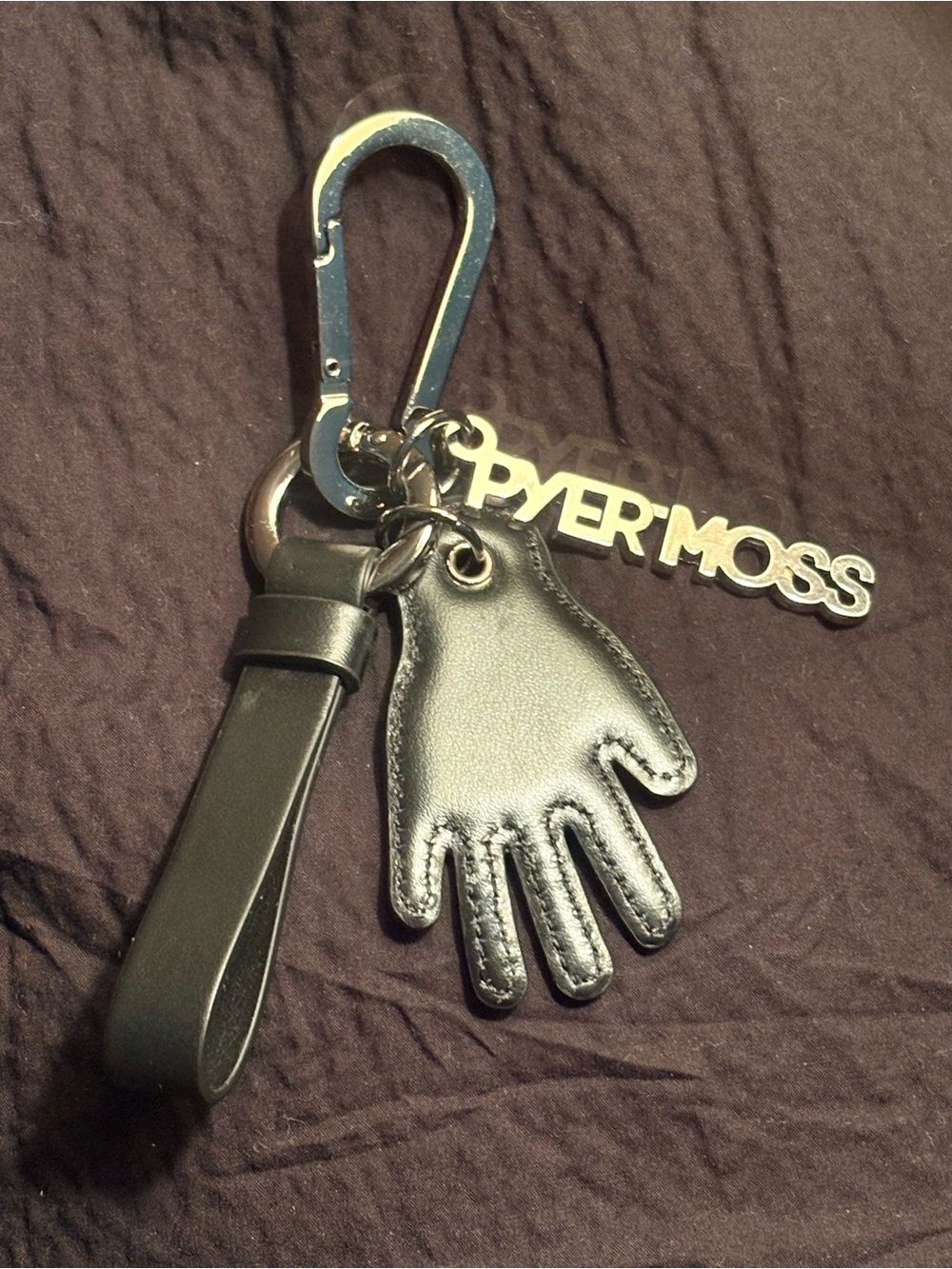 Pyer Moss Black Leather Hand Charm Key Ring with Logo Tag